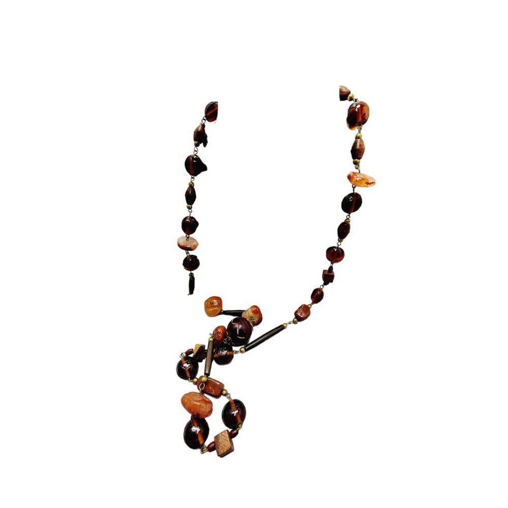 Vintage Wood Glass & Natural Carnelian Beaded Necklace (A1124)